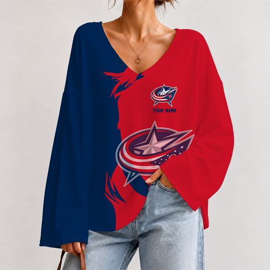 [SUPER SALE] NEW CUSTOMIZED NHL18 CBJ COLUMBUS KHAKI JACKETS V-NECK LONG SLEEVED CROP TOP