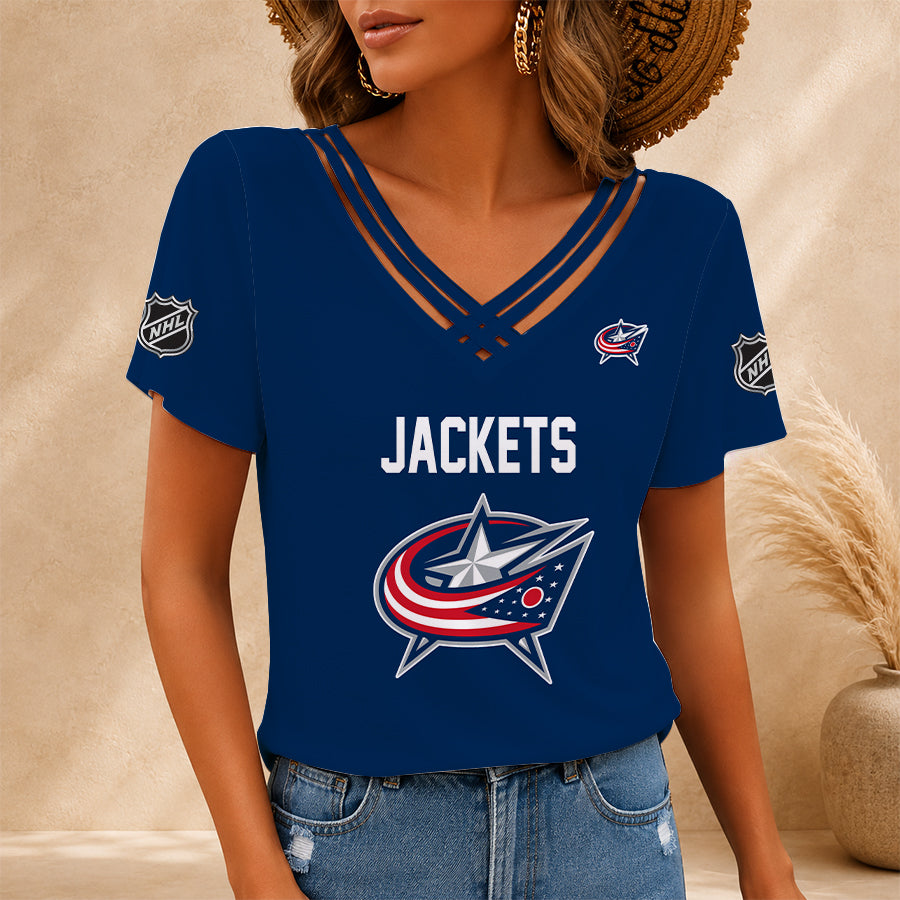 [SUPER SALE] NEW CUSTOMIZED NHL18 CBJ COLUMBUS BLUE JACKETS V-NECK SHIRT