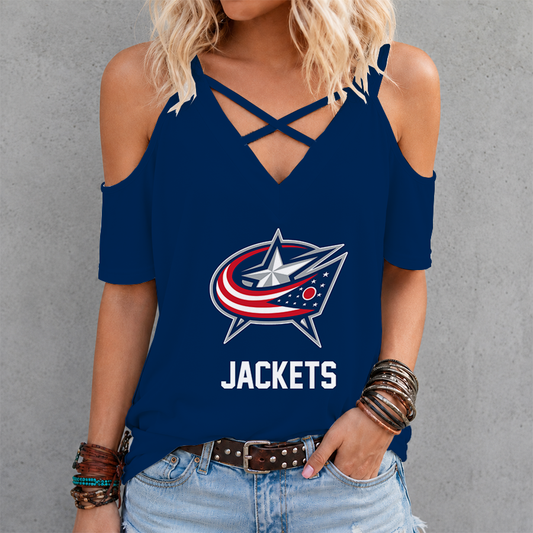 [SUPER SALE] NEW CUSTOMIZED NHL18 CBJ COLUMBUS BLUE JACKETS CRISS CROSS V-NECK TOP