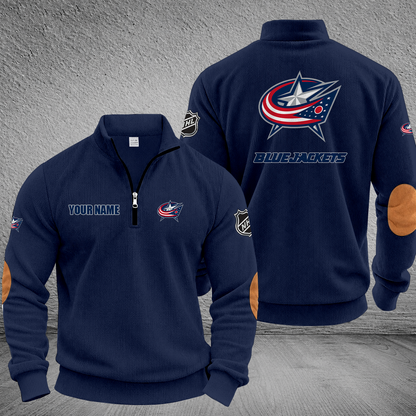[SUPER SALE] NEW CUSTOMIZED NHL18 CBJ COLUMBUS BLUE JACKETS MULTICOLOR STRIPED QUATER ZIP SWEATSHIRT