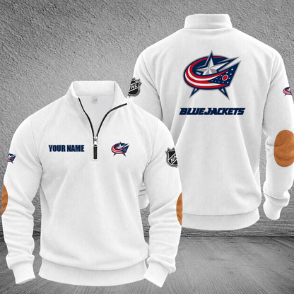 [SUPER SALE] NEW CUSTOMIZED NHL18 CBJ COLUMBUS BLUE JACKETS MULTICOLOR STRIPED QUATER ZIP SWEATSHIRT