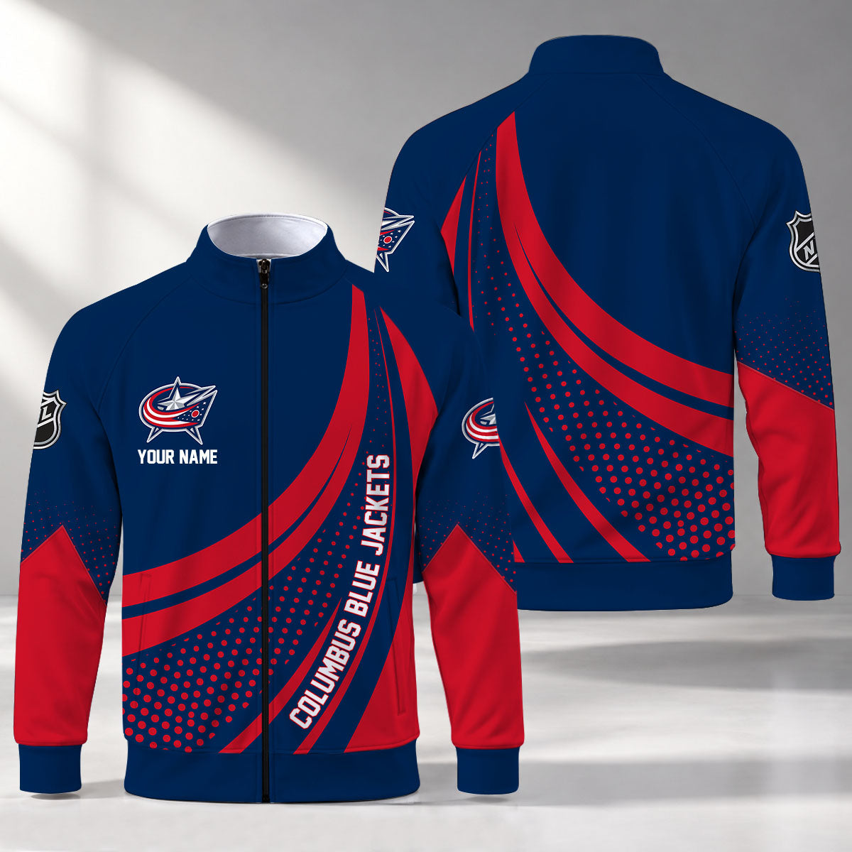 [SUPER SALE] NEW CUSTOMIZED NHL18 CBJ COLUMBUS BLUE JACKETS STAND COLLAR JACKET