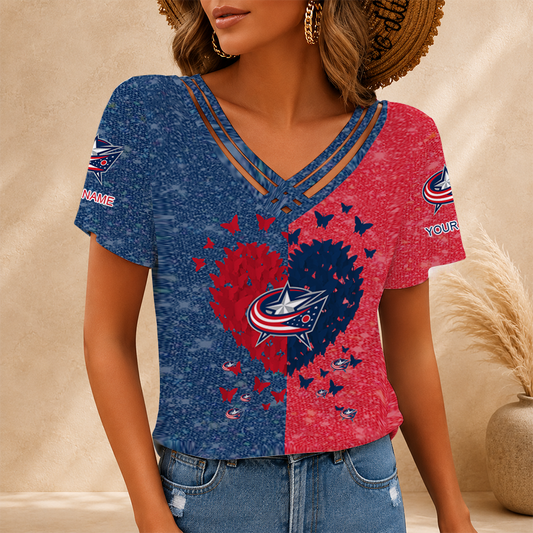 [SUPER SALE] NEW CUSTOMIZED NHL18 CBJ COLUMBUS BLUE JACKETS V-NECK SHIRT