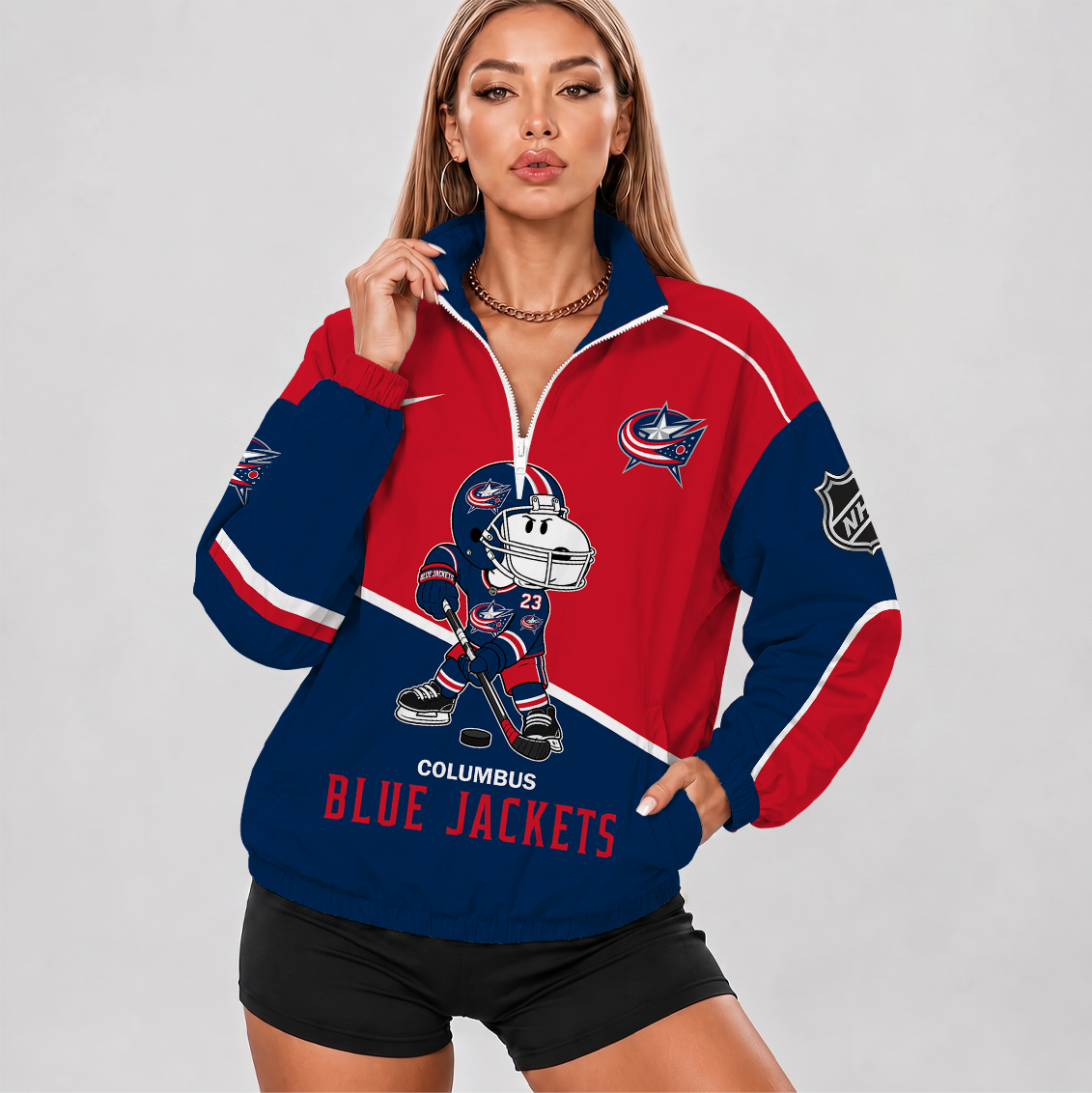 [SUPER SALE] NEW CUSTOMIZED NHL18 CBJ COLUMBUS BLUE JACKETS V-NECK ZIPPER SWEATSHIRT JACKET