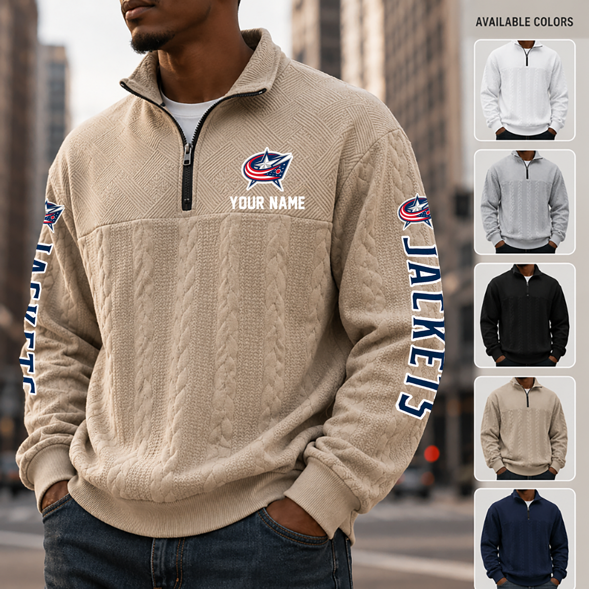 [SUPER SALE] NEW CUSTOMIZED NHL18 CBJ COLUMBUS BLUE JACKETS MULTICOLOR QUARTER-ZIP SWEATSHIRT