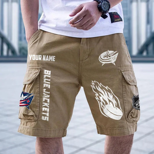 [SUPER SALE] NEW CUSTOMIZED NHL18 CBJ COLUMBUS BLUE JACKETS CARGO SHORTS