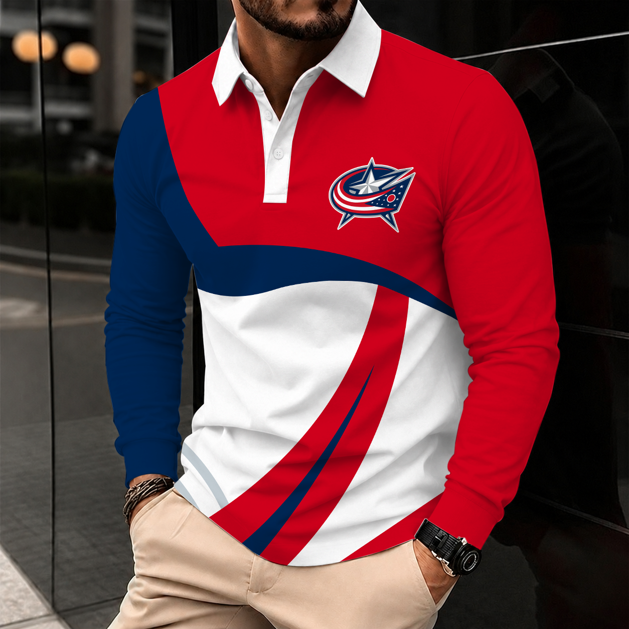 [SUPER SALE] NEW CUSTOMIZED NHL18 CBJ COLUMBUS BLUE JACKETS MEN LONG SLEEVE POLO