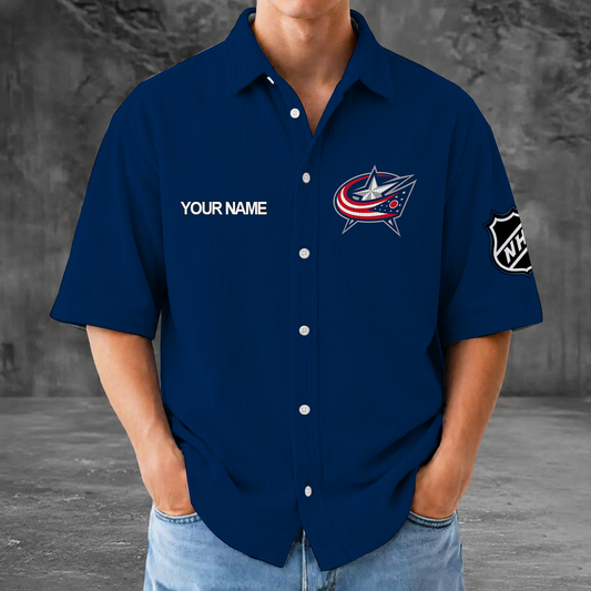[SUPER SALE] NEW CUSTOMIZED NHL18 CBJ COLUMBUS KHAKI JACKETS SEERSUCKER BUTTON SHIRT