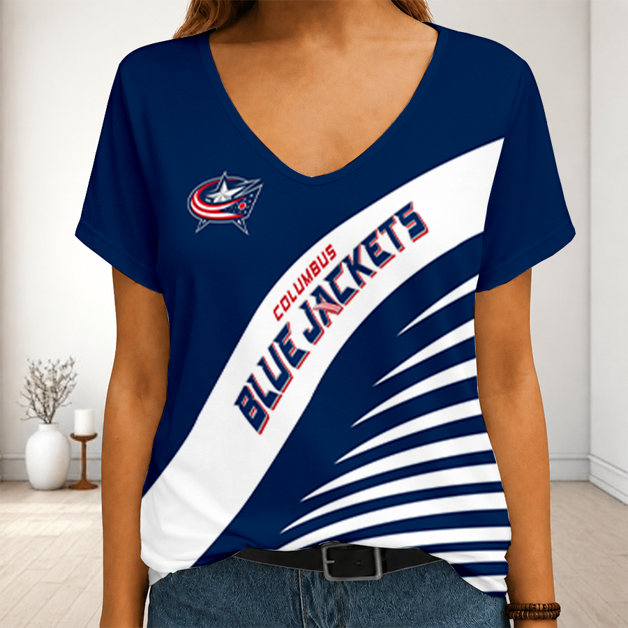 [SUPER SALE] NEW CUSTOMIZED NHL18 CBJ COLUMBUS BLUE JACKETS V-NECK FEMALE SHIRT