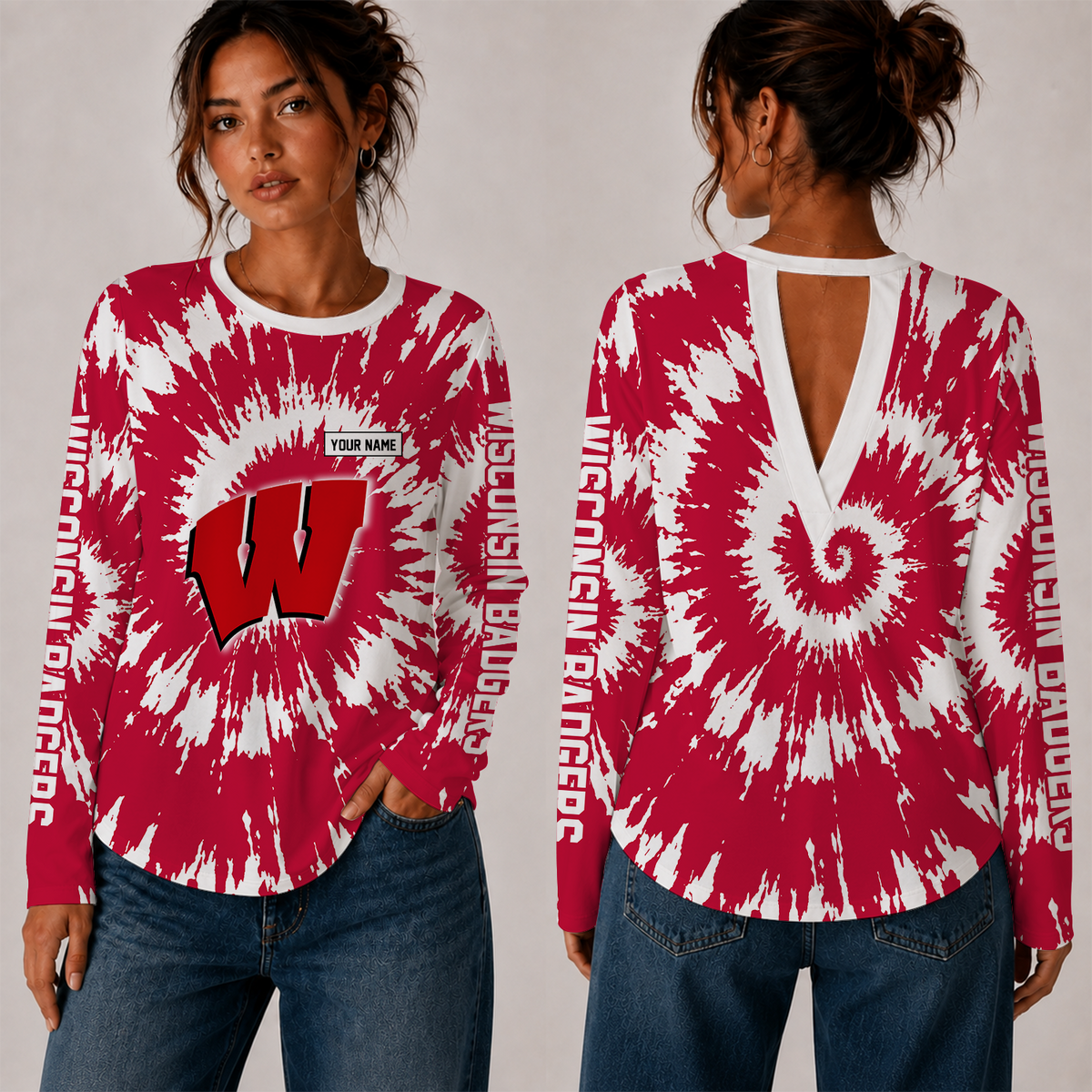 [FAN FAVORITE] NEW CUSTOMIZED NCAA FBS18 WSB WISCONSIN BADGERS WOMEN'S BACK V-CUT LONG-SLEEVE SHIRT