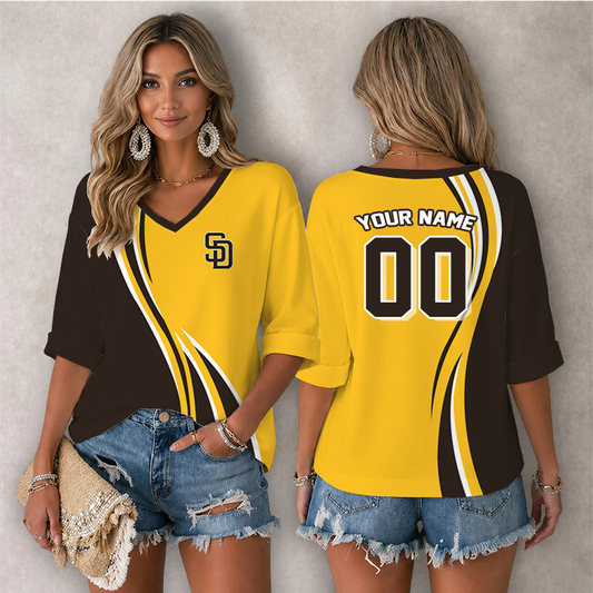 [FLASH SALE] NEW CUSTOMIZED MLB18 SDP SAN DIEGO PADRES WOMEN'S HEART V-NECK LONG SLEEVE SHIRT