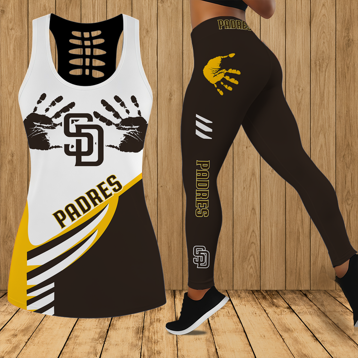 [FLASH SALE] NEW CUSTOMIZED MLB18 SDP SAN DIEGO PADRES HOLLOW TANK TOP & LEGGINGS SET