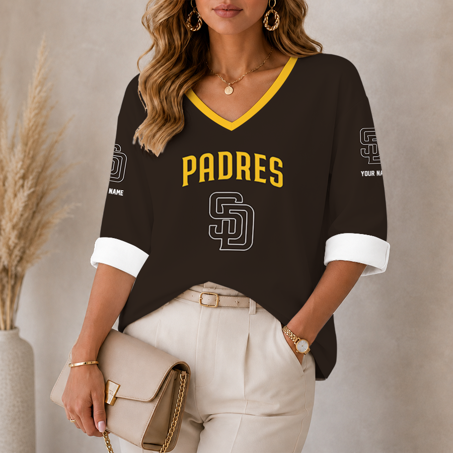 [FLASH SALE] NEW CUSTOMIZED MLB18 SDP SAN DIEGO PADRES WOMEN'S HEART V-NECK LONG SLEEVE SHIRT