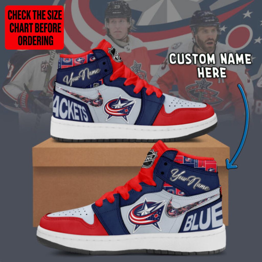 [SUPER SALE] NEW CUSTOMIZED NHL18 CBJ COLUMBUS BLUE JACKETS AIR JORDAN SNEAKERS