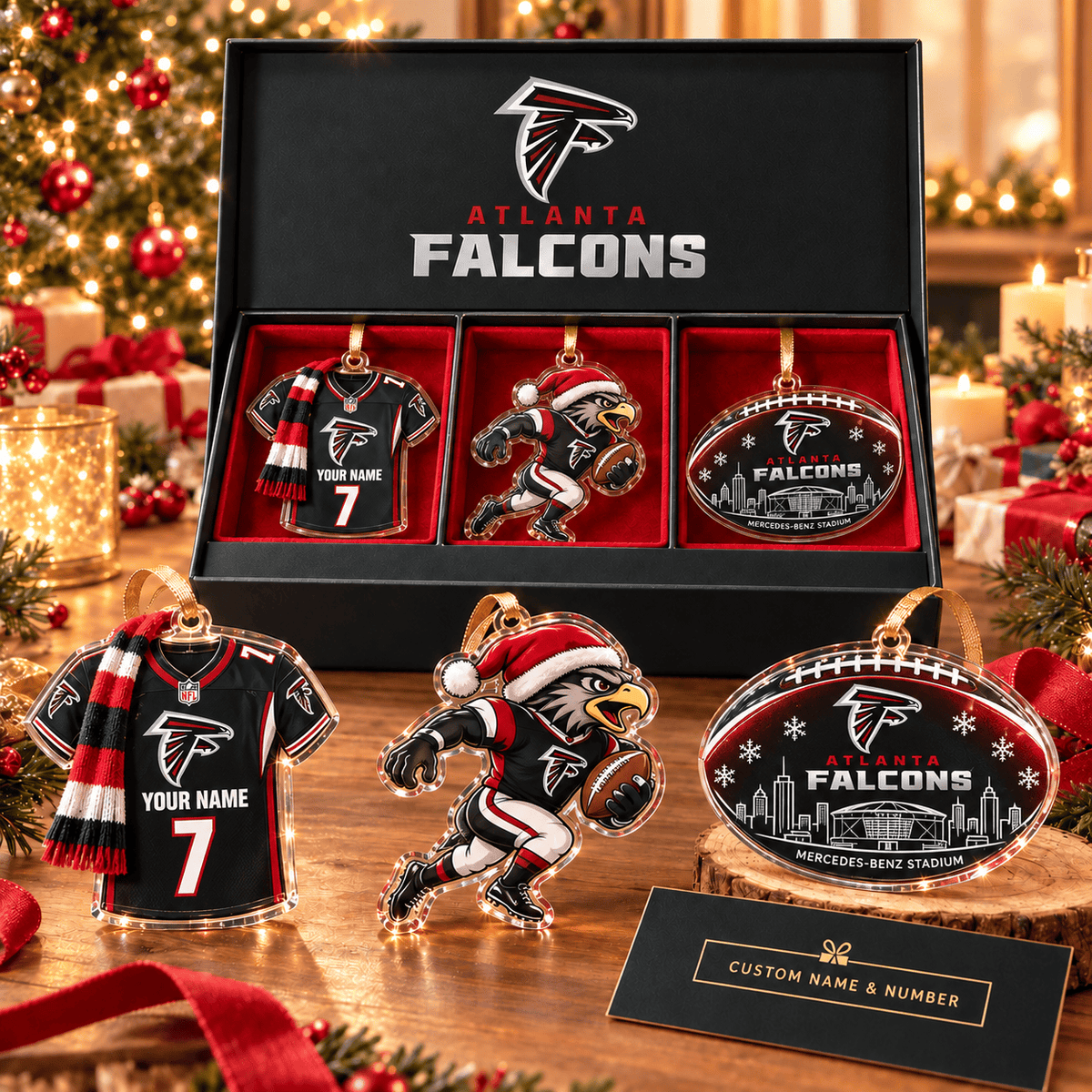 [FULL SET 3 ITEMS - NO BOX] NEW CUSTOMIZED NFL18 ATF ATLANTA FALCONS CHRISTMAS ACRYLIC ORNAMENT