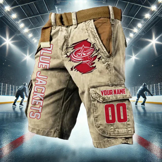[SUPER SALE] NEW CUSTOMIZED NHL18 CBJ COLUMBUS BLUE JACKETS CARGO SHORTS