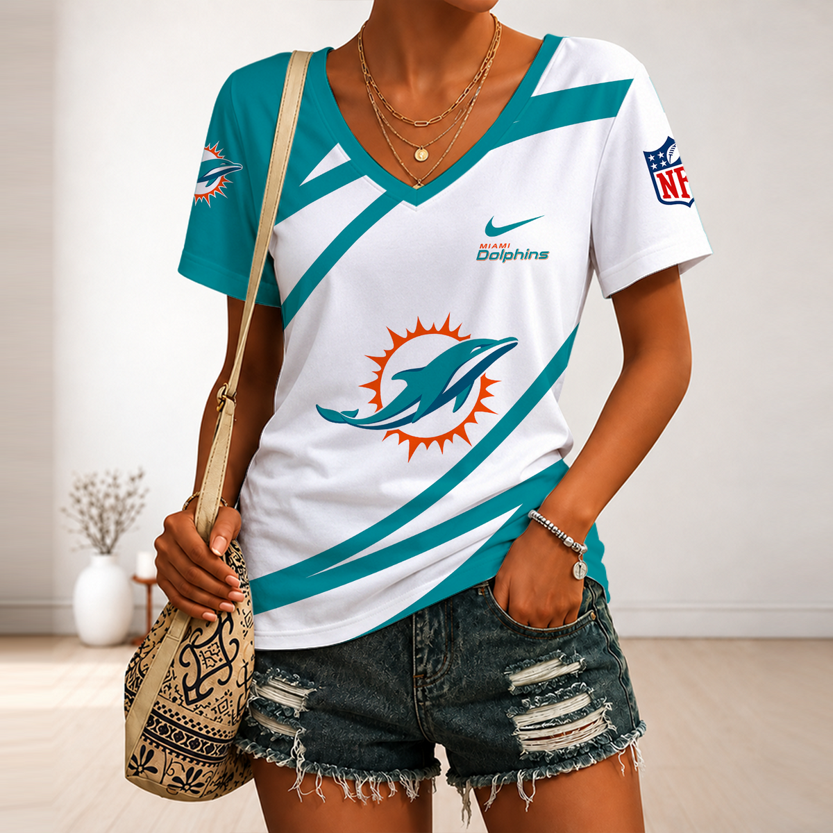 [SPECIAL OFFER] NEW CUSTOMIZED NFL19 MDP MIAMI DOLPHINS V-NECK FEMALE SHIRT