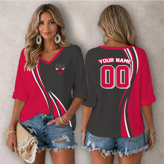 [HOT DEAL] NEW CUSTOMIZED NBA19 CBU CHICAGO BULLS WOMEN'S HEART V-NECK LONG SLEEVE SHIRT