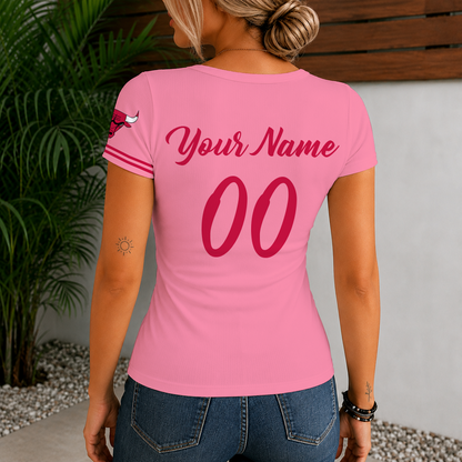 [HOT DEAL] NEW CUSTOMIZED NBA19 CBU CHICAGO BULLS  WOMEN'S SHORT SLEEVE HENLEY T-SHIRT
