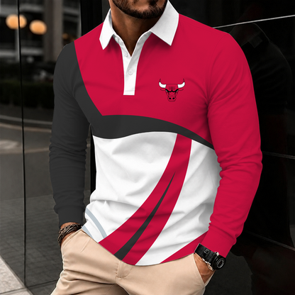 [HOT DEAL] NEW CUSTOMIZED NBA19 CBU CHICAGO BULLS MEN LONG SLEEVE POLO