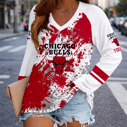 [HOT DEAL] NEW CUSTOMIZED NBA19 CBU CHICAGO BULLS WOMEN'S V-NECK LONG SLEEVED SHIRT