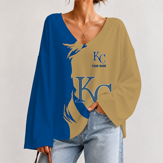 [FLASH SALE] NEW CUSTOMIZED MLB19 KCR KANSAS CITY ROYALS V-NECK LONG SLEEVED CROP TOP