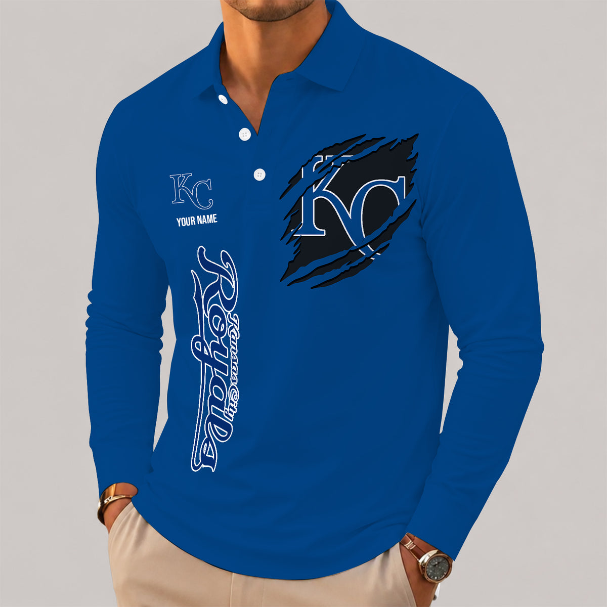 [FLASH SALE] NEW CUSTOMIZED MLB19 KCR KANSAS CITY ROYALS MEN'S LONG SLEEVE POLO