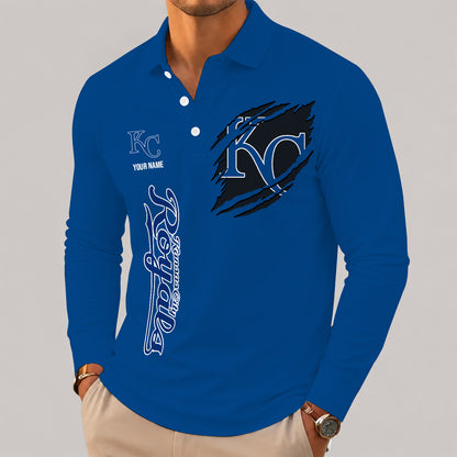 [FLASH SALE] NEW CUSTOMIZED MLB19 KCR KANSAS CITY ROYALS MEN'S LONG SLEEVE POLO
