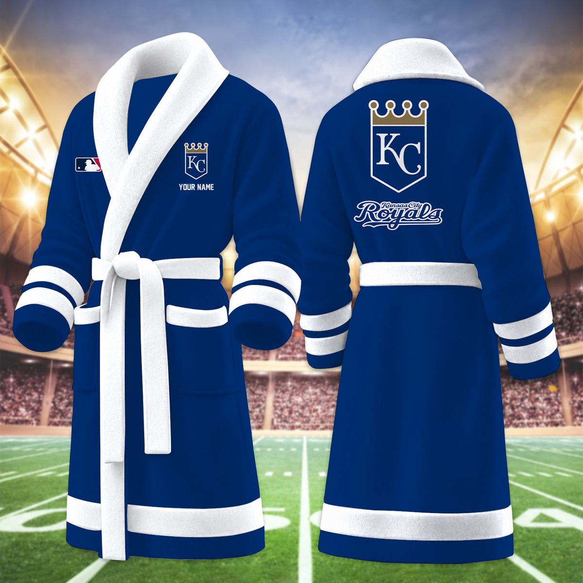 [FLASH SALE] NEW CUSTOMIZED MLB19 KCR KANSAS CITY ROYALS MULTICOLOR FLEECE BATHROBE