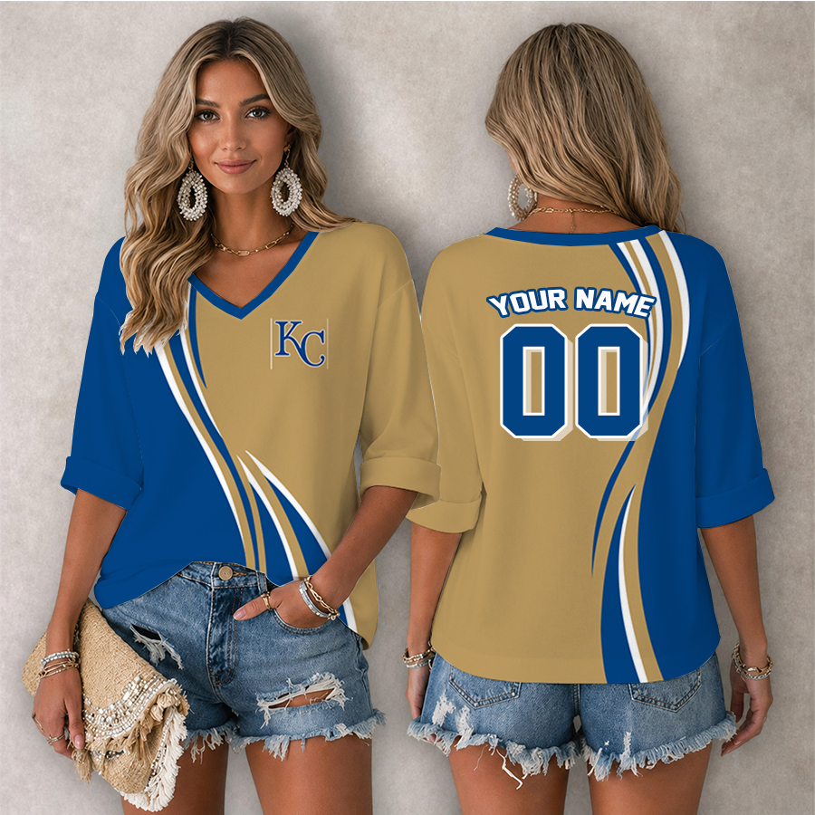 [FLASH SALE] NEW CUSTOMIZED MLB19 KCR KANSAS CITY ROYALS WOMEN'S HEART V-NECK LONG SLEEVE SHIRT
