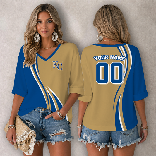 [FLASH SALE] NEW CUSTOMIZED MLB19 KCR KANSAS CITY ROYALS WOMEN'S HEART V-NECK LONG SLEEVE SHIRT