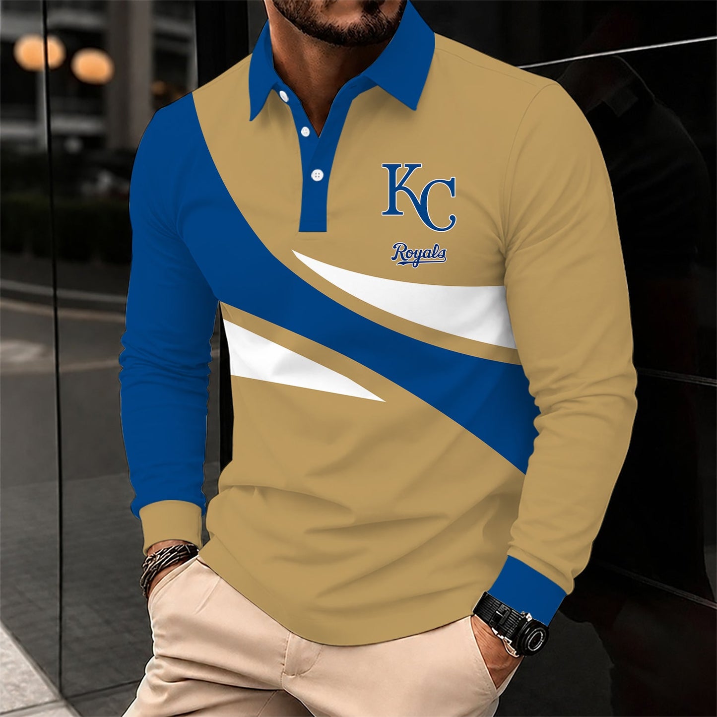 [FLASH SALE] NEW CUSTOMIZED MLB19 KCR KANSAS CITY ROYALS MEN'S LONG SLEEVE POLO