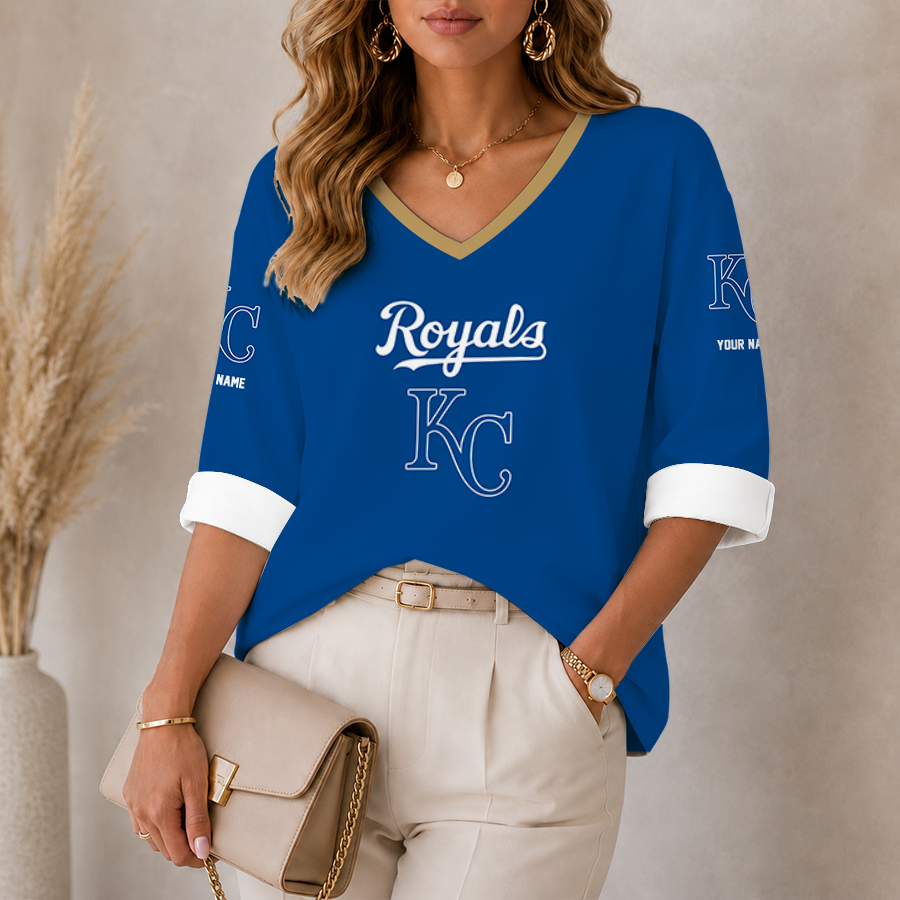 [FLASH SALE] NEW CUSTOMIZED MLB19 KCR KANSAS CITY ROYALS WOMEN'S HEART V-NECK LONG SLEEVE SHIRT