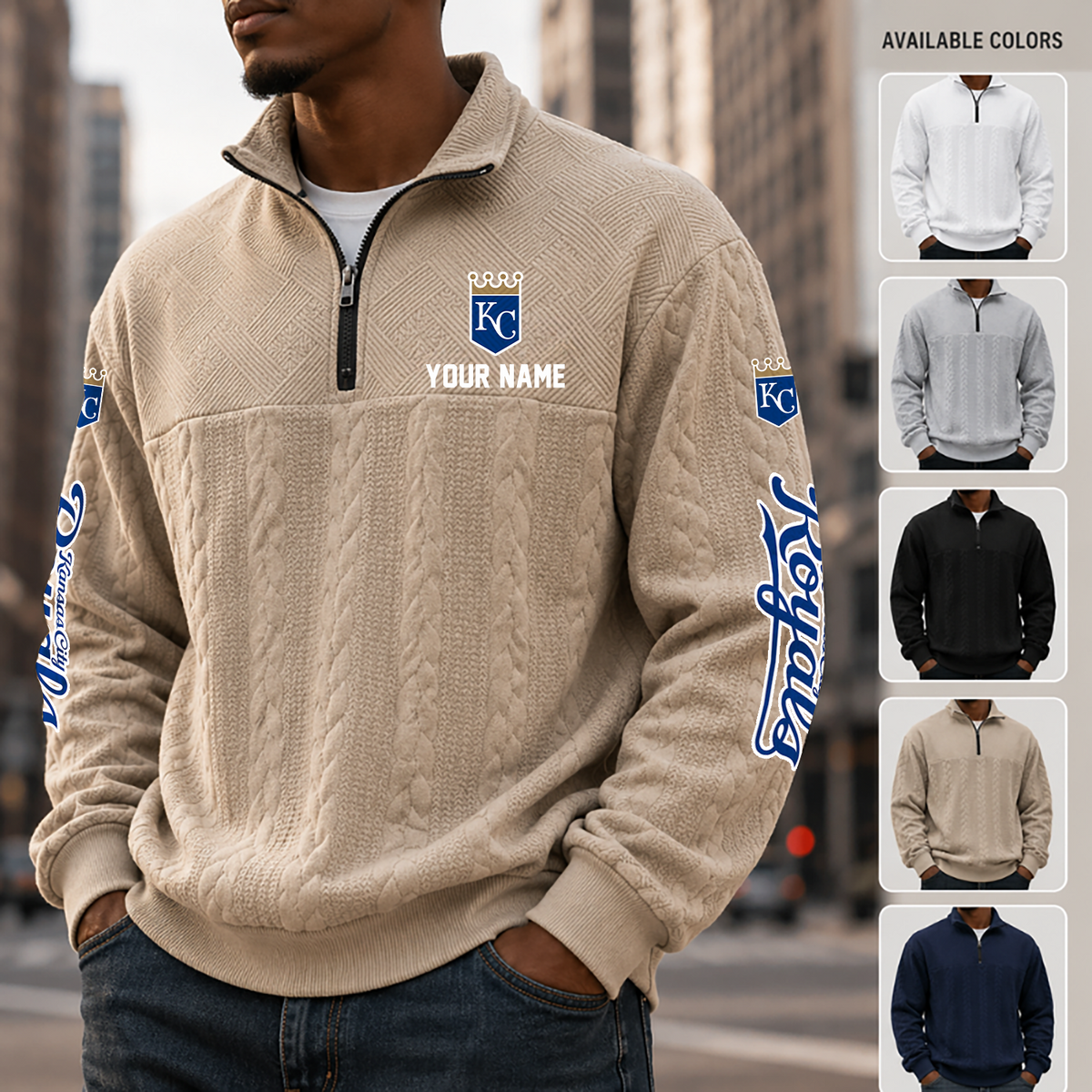 [FLASH SALE] NEW CUSTOMIZED MLB19 KCR KANSAS CITY ROYALS MULTICOLOR QUARTER-ZIP SWEATSHIRT