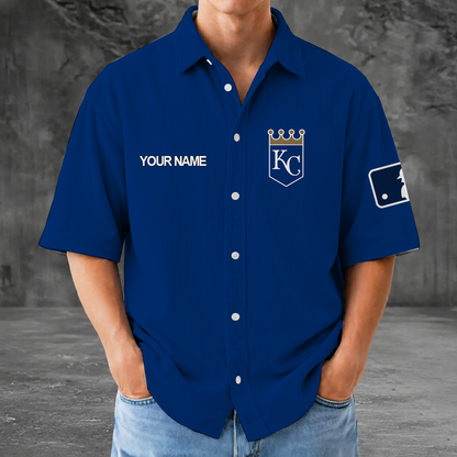 [FLASH SALE] NEW CUSTOMIZED MLB19 KCR KANSAS CITY ROYALS SEERSUCKER BUTTON SHIRT