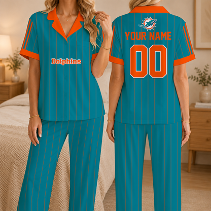[SPECIAL OFFER] NEW CUSTOMIZED NFL19 MDP MIAMI DOLPHINS SHORT SLEEVE & LONG PANTS PAJAMAS SET