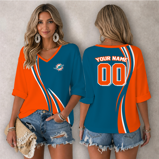 [SPECIAL OFFER] NEW CUSTOMIZED NFL19 MDP MIAMI DOLPHINS WOMEN'S HEART V-NECK LONG SLEEVE SHIRT