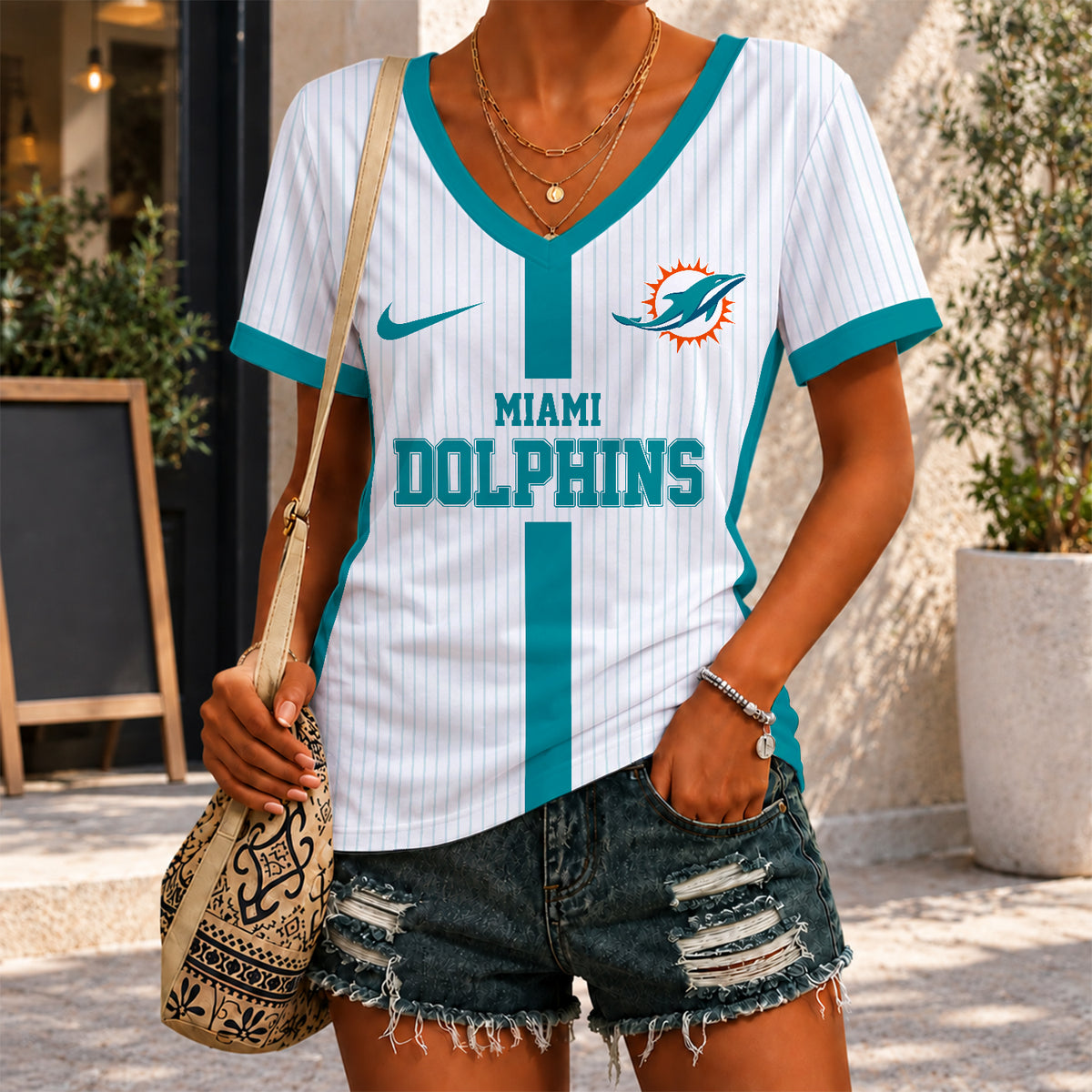 [SPECIAL OFFER] NEW CUSTOMIZED NFL19 MDP MIAMI DOLPHINS V-NECK FEMALE SHIRT
