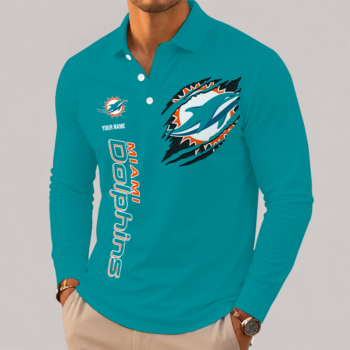 [SPECIAL OFFER] NEW CUSTOMIZED NFL19 MDP MIAMI DOLPHINS LONG SLEEVE POLO SHIRT