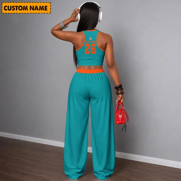 [SPECIAL OFFER] NEW CUSTOMIZED NFL19 MDP MIAMI DOLPHINS WOMEN'S CROP TOP & LONGPANTS SET