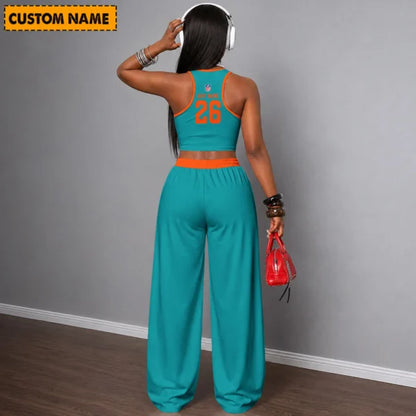 [SPECIAL OFFER] NEW CUSTOMIZED NFL19 MDP MIAMI DOLPHINS WOMEN'S CROP TOP & LONGPANTS SET