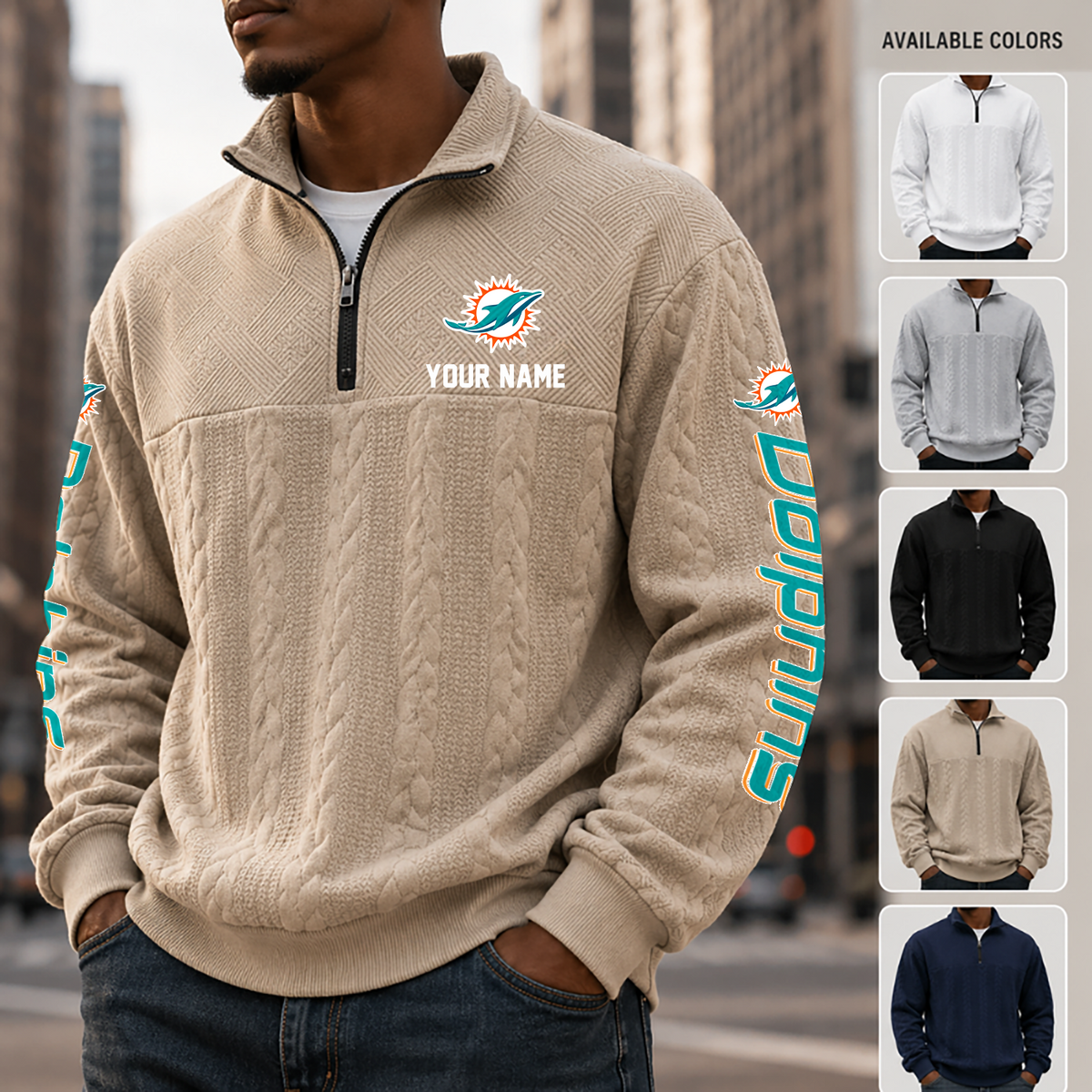 [SPECIAL OFFER] NEW CUSTOMIZED NFL19 MDP MIAMI DOLPHINS MULTICOLOR QUARTER-ZIP SWEATSHIRT