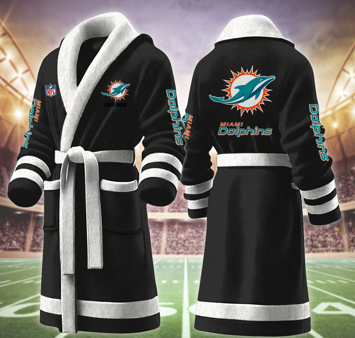 [SPECIAL OFFER] NEW CUSTOMIZED NFL19 MDP MIAMI DOLPHINS MULTICOLOR FLEECE BATHROBE