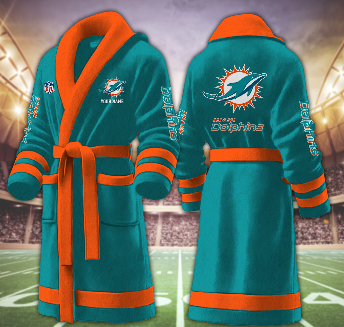 [SPECIAL OFFER] NEW CUSTOMIZED NFL19 MDP MIAMI DOLPHINS MULTICOLOR FLEECE BATHROBE