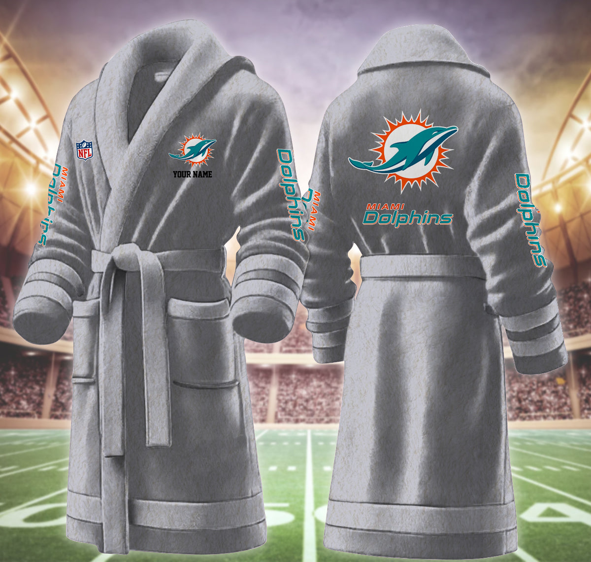 [SPECIAL OFFER] NEW CUSTOMIZED NFL19 MDP MIAMI DOLPHINS MULTICOLOR FLEECE BATHROBE