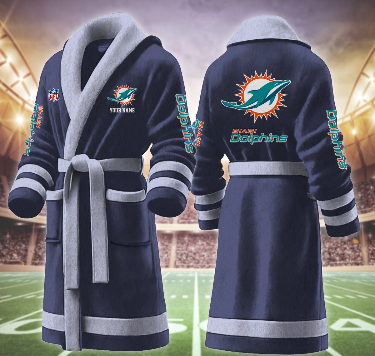 [SPECIAL OFFER] NEW CUSTOMIZED NFL19 MDP MIAMI DOLPHINS MULTICOLOR FLEECE BATHROBE