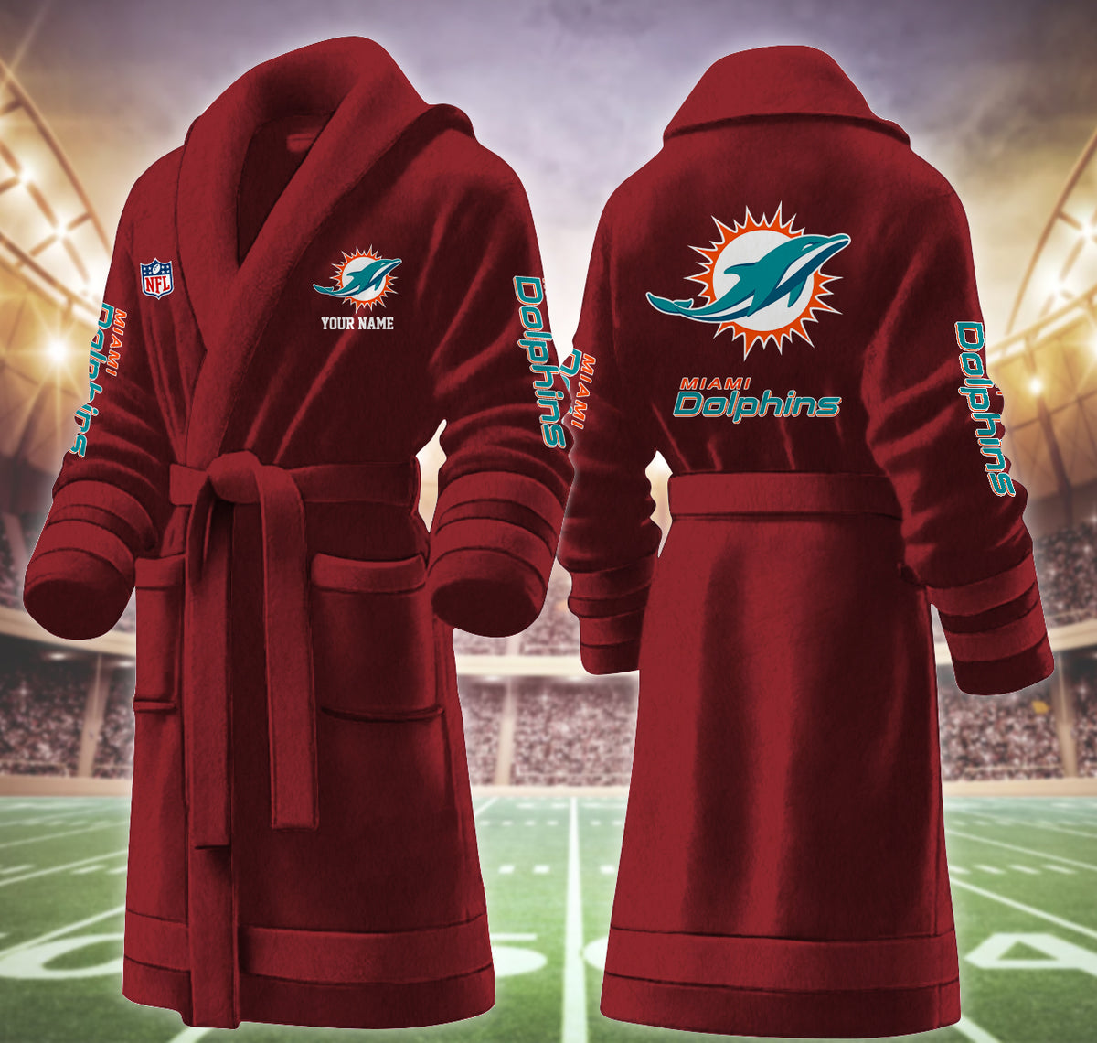[SPECIAL OFFER] NEW CUSTOMIZED NFL19 MDP MIAMI DOLPHINS MULTICOLOR FLEECE BATHROBE