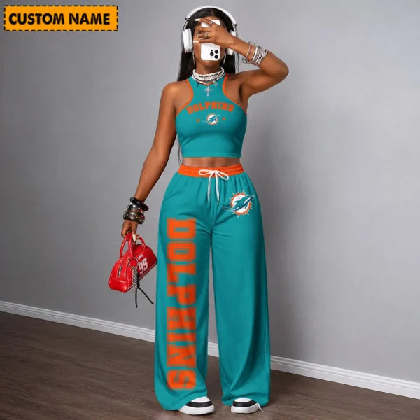 [SPECIAL OFFER] NEW CUSTOMIZED NFL19 MDP MIAMI DOLPHINS WOMEN'S CROP TOP & LONGPANTS SET