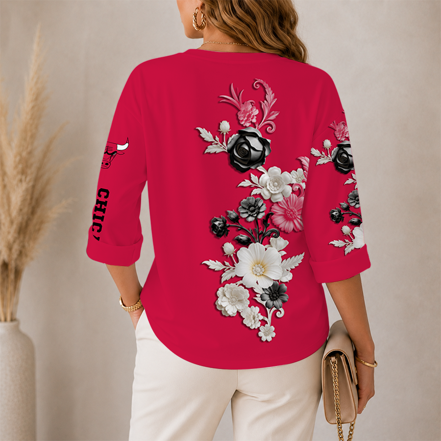 LIMITED EDITION - NEW CUSTOMIZED NBA19 CBU CHICAGO BULLS WOMEN'S V-NECK LONG SLEEVE SHIRT