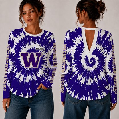 [FAN FAVORITE] NEW CUSTOMIZED NCAA FBS19 WSH WASHINGTON HUSKIES WOMEN'S BACK V-CUT LONG-SLEEVE SHIRT